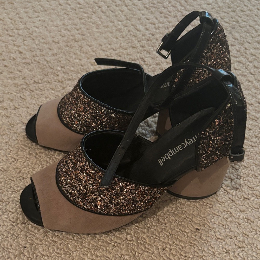 Jeffrey Campbell Glitter Block Heel Sandals - Black and Tan